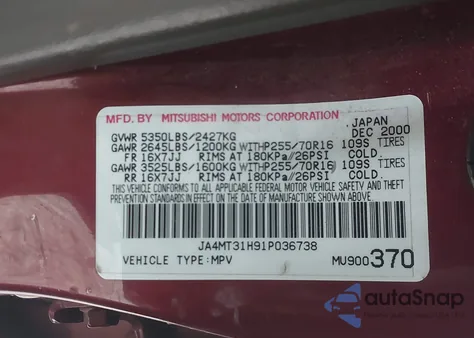 2001 Mitsubishi Montero Sport Xls z USA, uszkodzony, nr VIN JA4MT31H91P036738